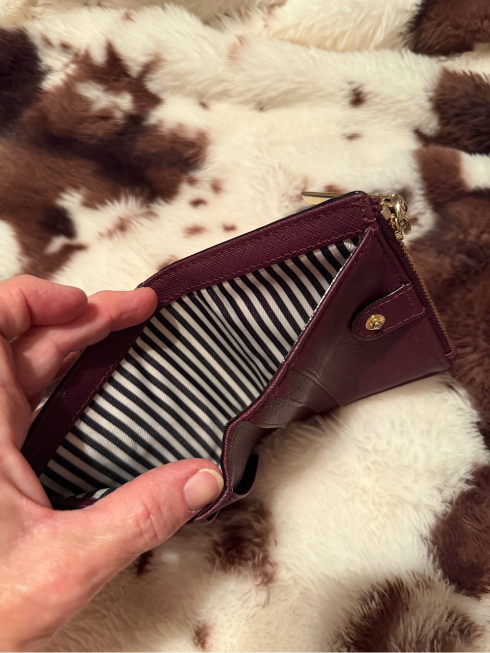 kate spade Burgundy Leather Card Wallet with Striped Interior